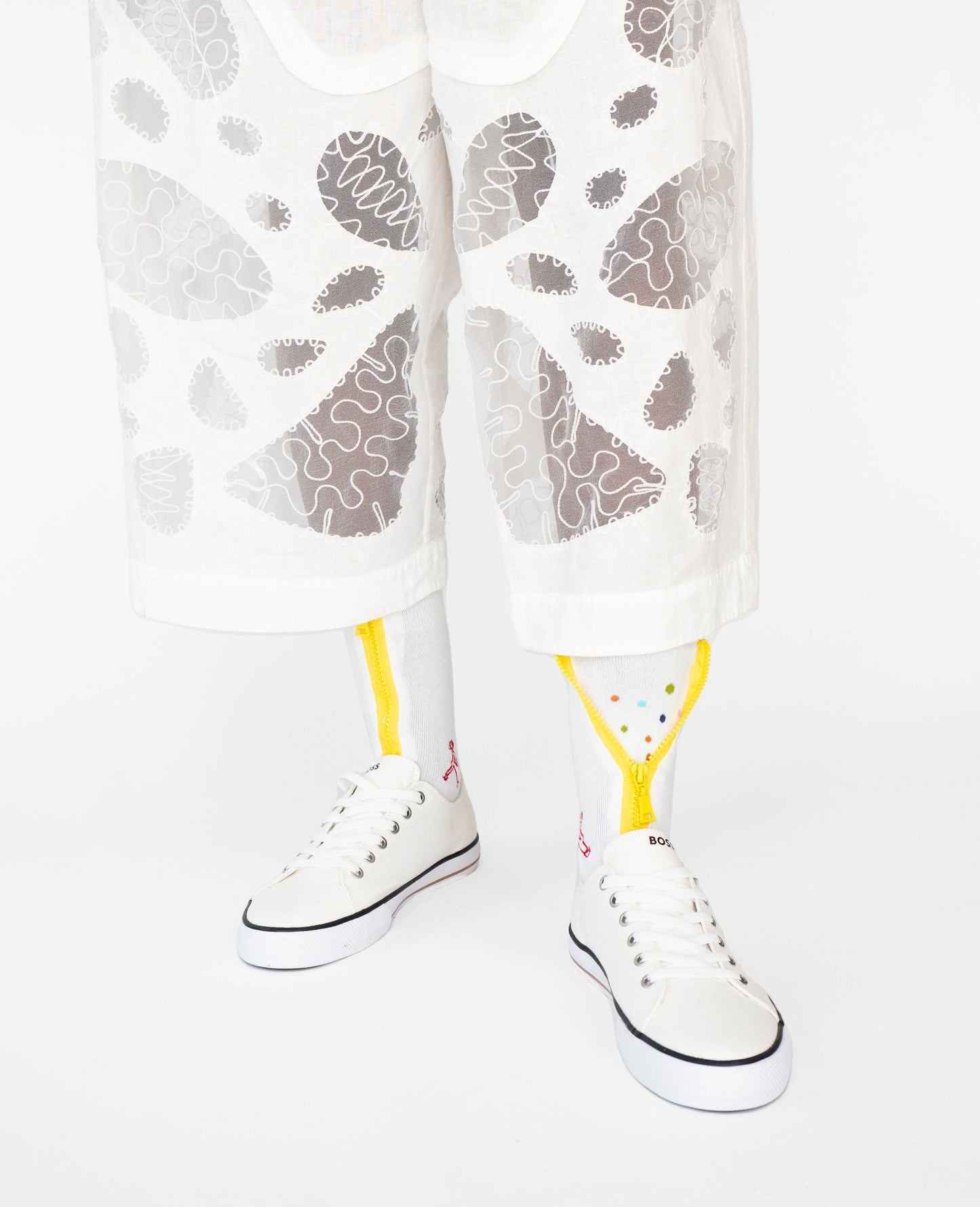 Atypical Attire socks are unique socks and luxury socks. These spotted socks are unisex white cotton socks which contain a yellow zip and multicoloured spots. Polkadots appear in orange, blue, purple and yellow.