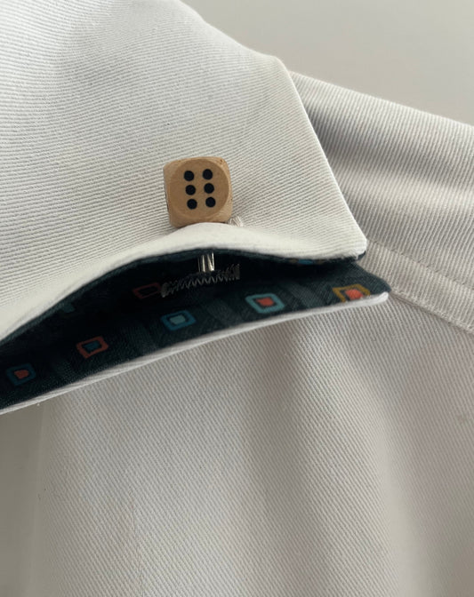 atypical shirt - menswear white shirt - luxury cotton twill shirt- wooden dice cufflinks in collar